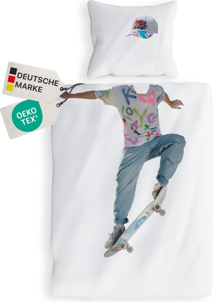 Renforce Kinderbettwäsche Deluxe aus 100% Baumwolle magischer Druck - Kindergesicht ergänzt Muster, Reißverschluss, Farbe:Skater, Größe:135x20...