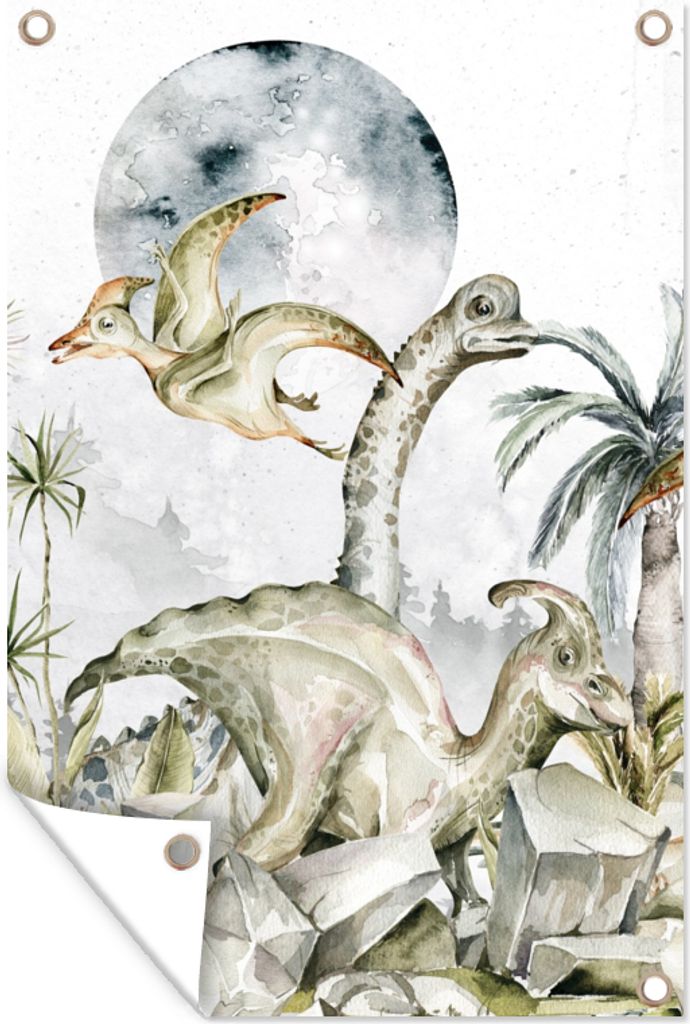 MuchoWow 80x120 cm Outdoor-Poster Gartendeko Sichtschutz Garten Poster für den Garten Dinosaurier - Kinder - Dschungel - Grün - Tiere - Natur