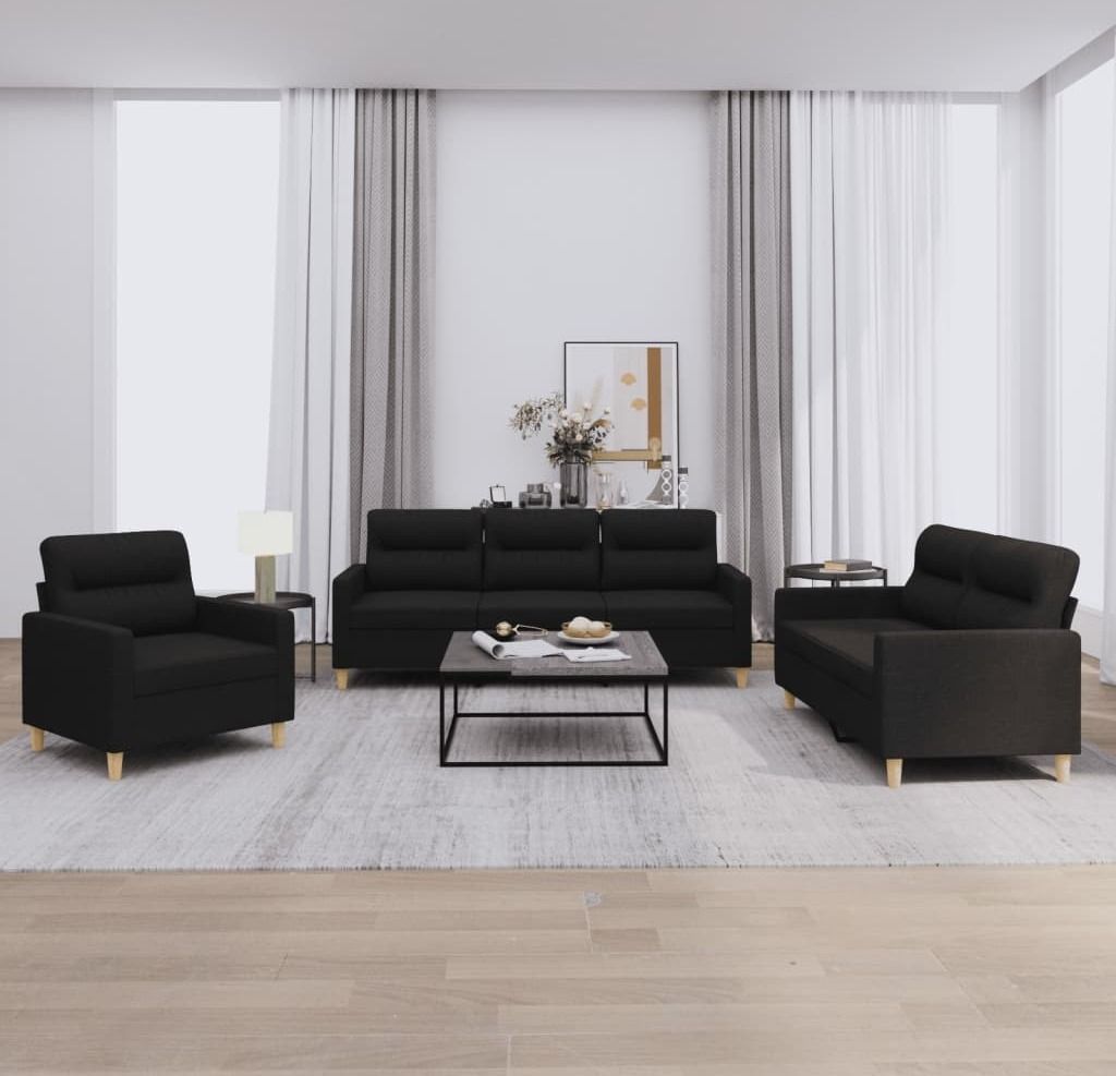ZMH 3-tlg. Sofagarnitur mit Kissen Schwarz Stoff
