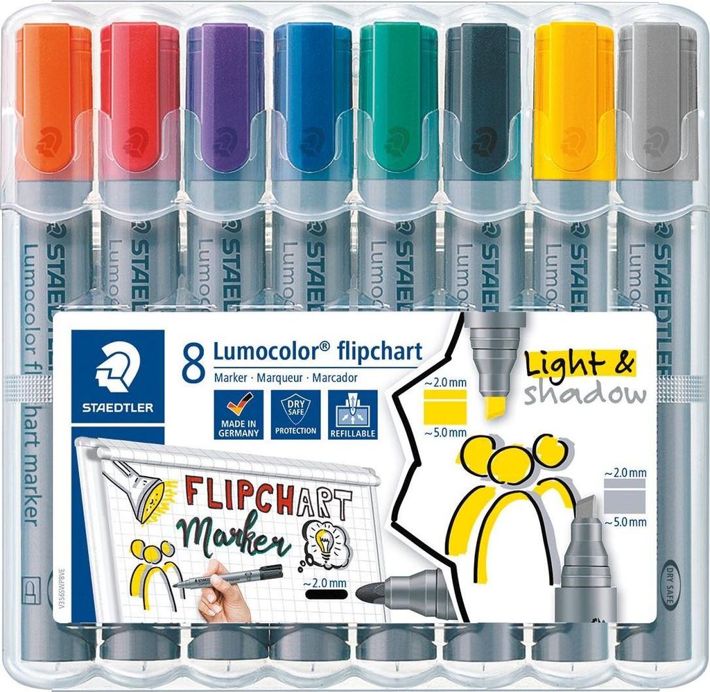 A set of Staedtler Lumocolor flipchart markers in various colors, displayed in their packaging with illustrative graphics and text.