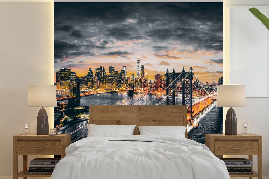 MuchoWow Fototapete für Wohnzimmer oder Schlafzimmer Wandtapete Vinyl Motivtapete New York - Orange - Brücke - 280x280 cm - Hintergrundbild
