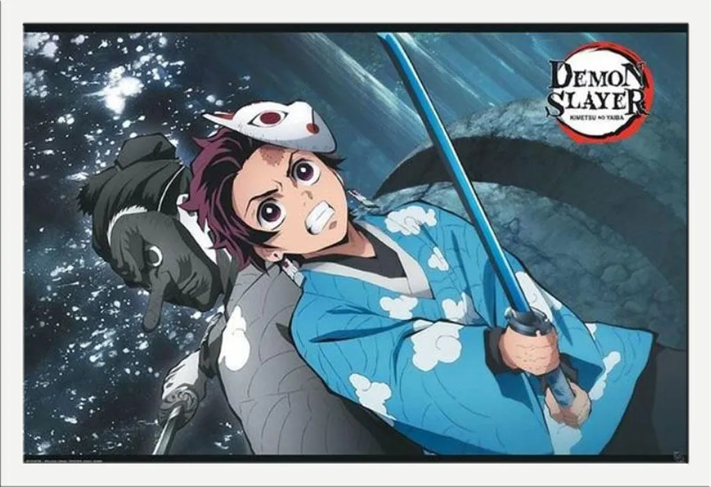 Demon Slayer - Poster - Tanjiro & Urukodaki + cornice rimovibile, Shinsuke® Maxi MDF bianco, disco acrilico