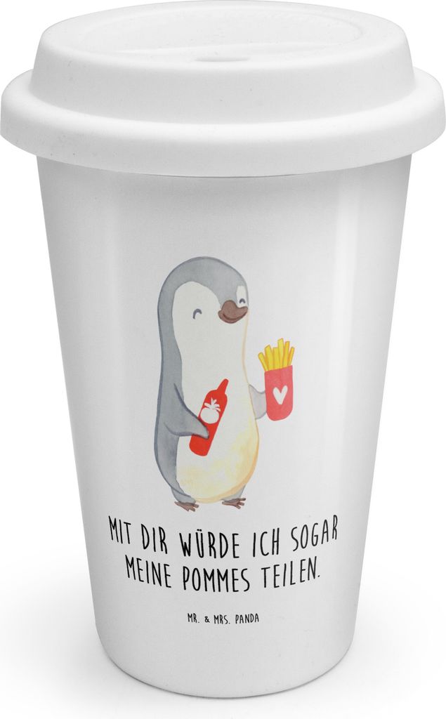 Mr. & Mrs. Panda ToGo Kaffeebecher Pinguin Pommes - Weiß - Geschenk, für Freundin, Frauen, Coffee To Go Becher, Thermobecher, Valentinstag, Männ...
