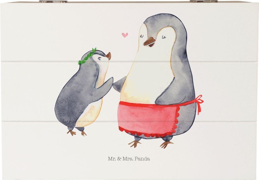 Mr. & Mrs. Panda Box Pinguin mit Kind 22 x 15 cm - Weiß - Geschenk, Vorbild Mama, Muttertag, fotobox, Schatzkiste, Mutter, Holzkiste Deckel, Truhe...