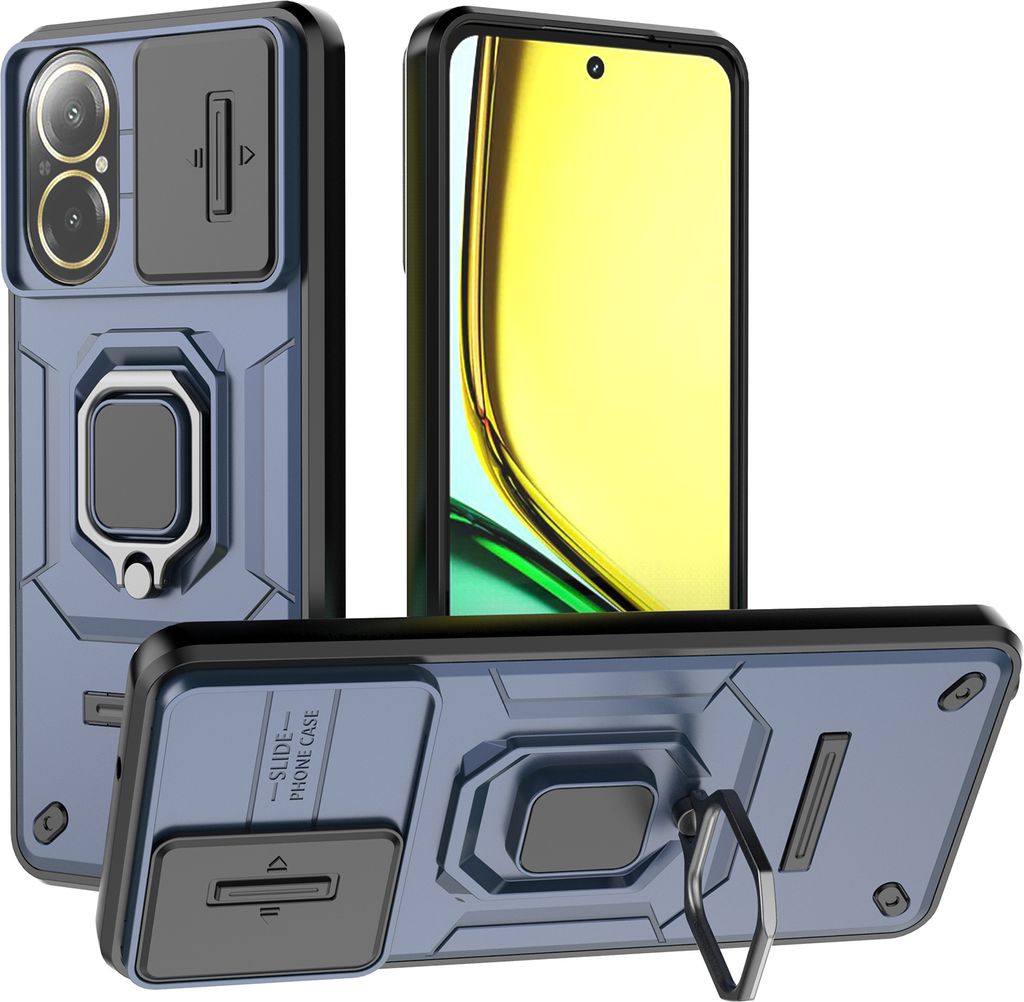 Hülle für Realme C67 4G Dual Layer Handyhülle Schiebe Kamera Schutz und Ringhalter Ständer Blau