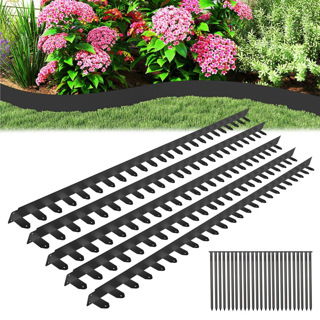 JOIEYOU 5 Stück Rasenkante Beeteinfassung 100x10 cm Metall Beetumrandung Mähkante Verzinkt mit 25 Erdanker Flexible Beetbegrenzung Rasenbegrenzun...