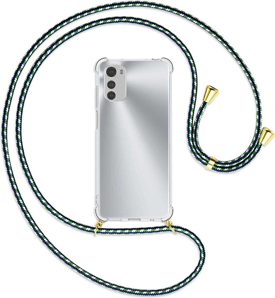 Handykette Backcover-Schutzhülle mit Band (Metall goldfarben) für Motorola Moto E32, Moto E32s - grün/blau/weiß