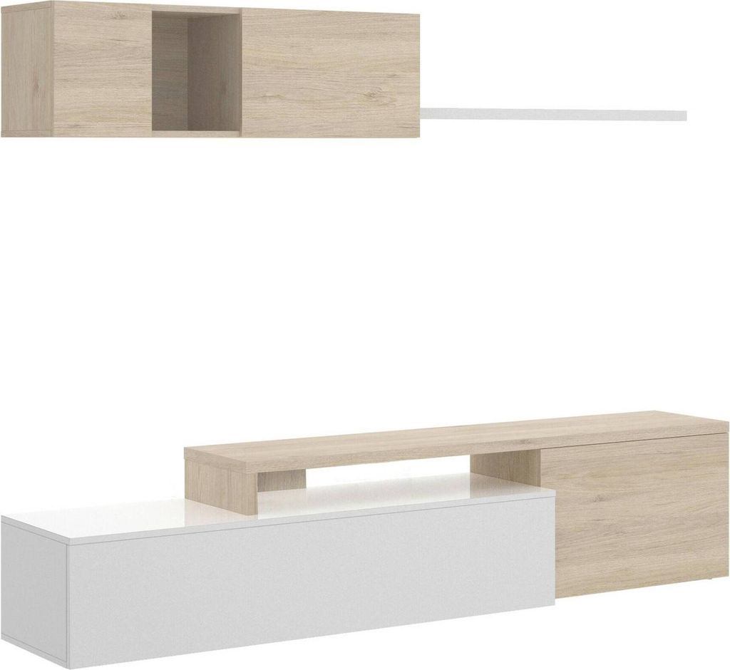 Wandeinheit Dagnell, modulares Eck-Wohnzimmerset, Wohnzimmermöbel Multiposition TV-Ständer, 201 x 41 x 180 cm, Weiß und Eiche