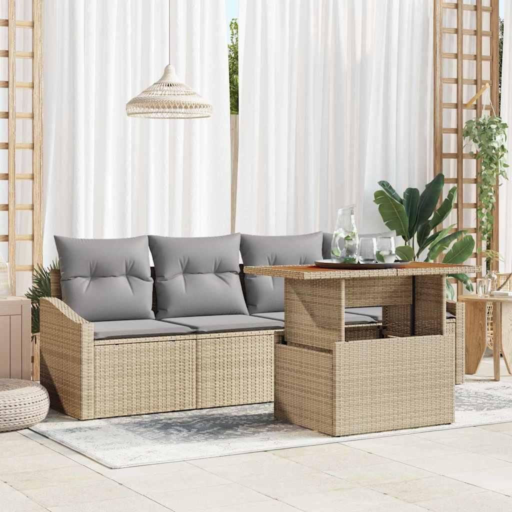 "Rabatt" Garten-Sofa-Set - Balkonmöbel/Terrassenmöbel - mit Kissen - 5 pcs - Beige Poly Rattan - Lounge-Dining set CC12745