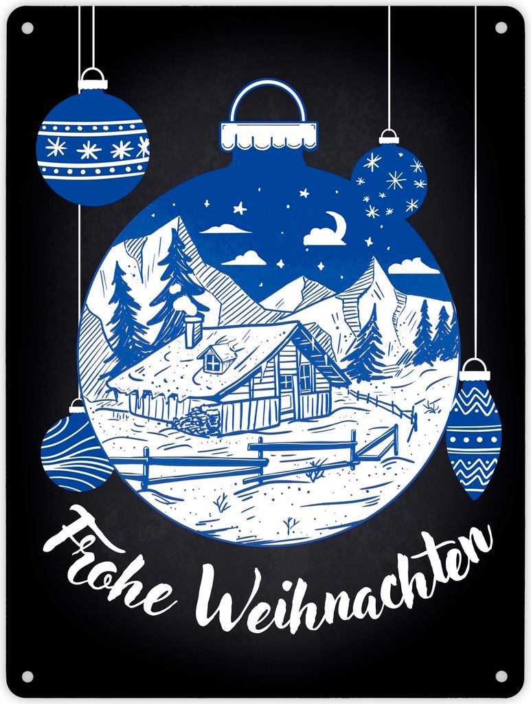 Frohe Weihnachten Metallschild XL in 21x28 cm mit Weihnachtskugeln