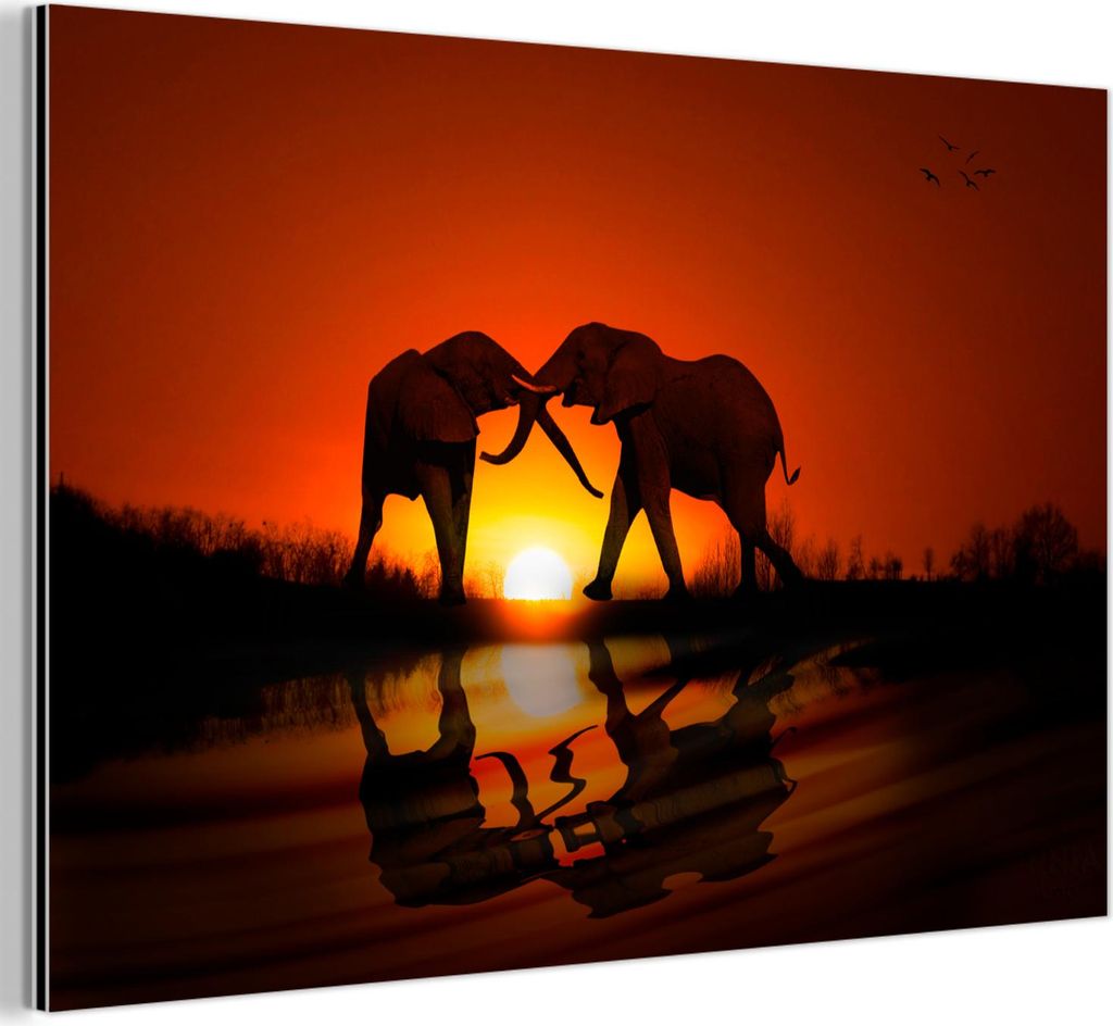 MuchoWow Wanddekoration Metall Metallbild Wandkunst 30x20 cm Elefantenpaar bei Sonnenuntergang MuchoWow Aluminium Gemälde - Aluminiumgemälder