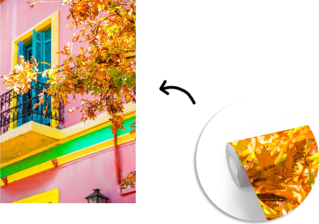 MuchoWow Fototapete für Wohnzimmer oder Schlafzimmer Wandtapete Vinyl Motivtapete Foto eines rosa Hauses in der Nähe des Viertels La Boca in S...