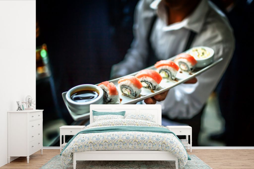 MuchoWow Fototapete für Wohnzimmer oder Schlafzimmer Wandtapete Vinyl Motivtapete Japanischer Sushi-Server - 450x300 cm - Gemusterte