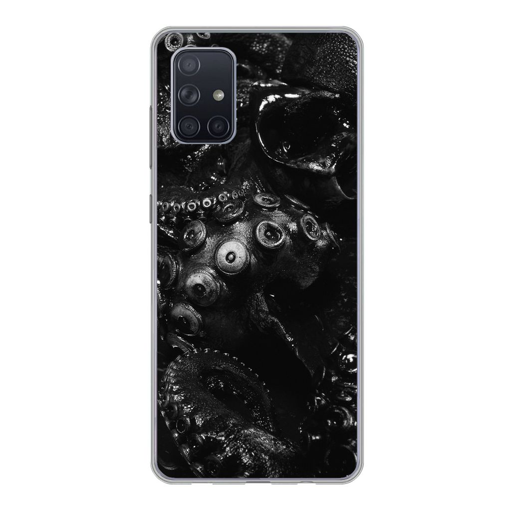 MuchoWow Handyhülle Schutzhülle Hülle für Samsung Galaxy A51 Nahaufnahme Oktopus auf schwarzem Hintergrund in schwarz und weiß Silikon Softc...