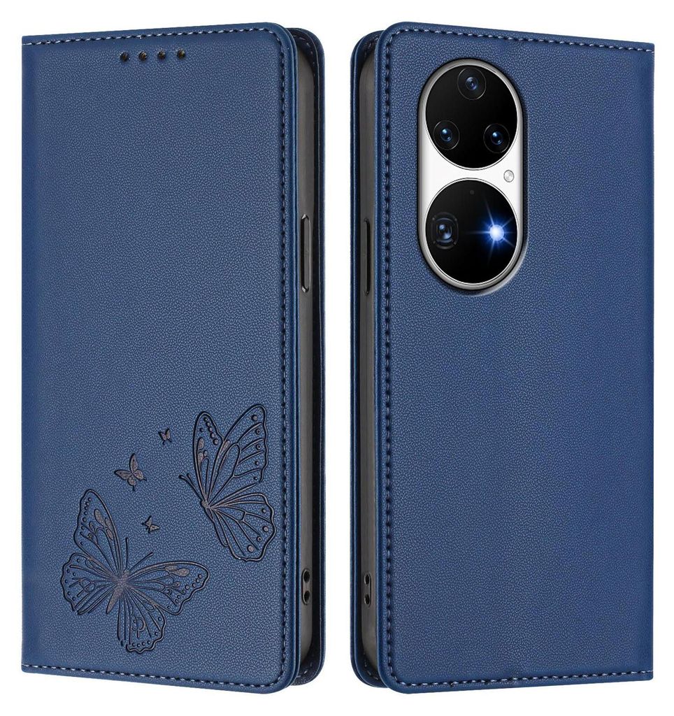 Lederhülle für Huawei P50 Pro, Schmetterling Prägung Leder Brieftasche Schutzhülle mit Ständer Dunkelblau