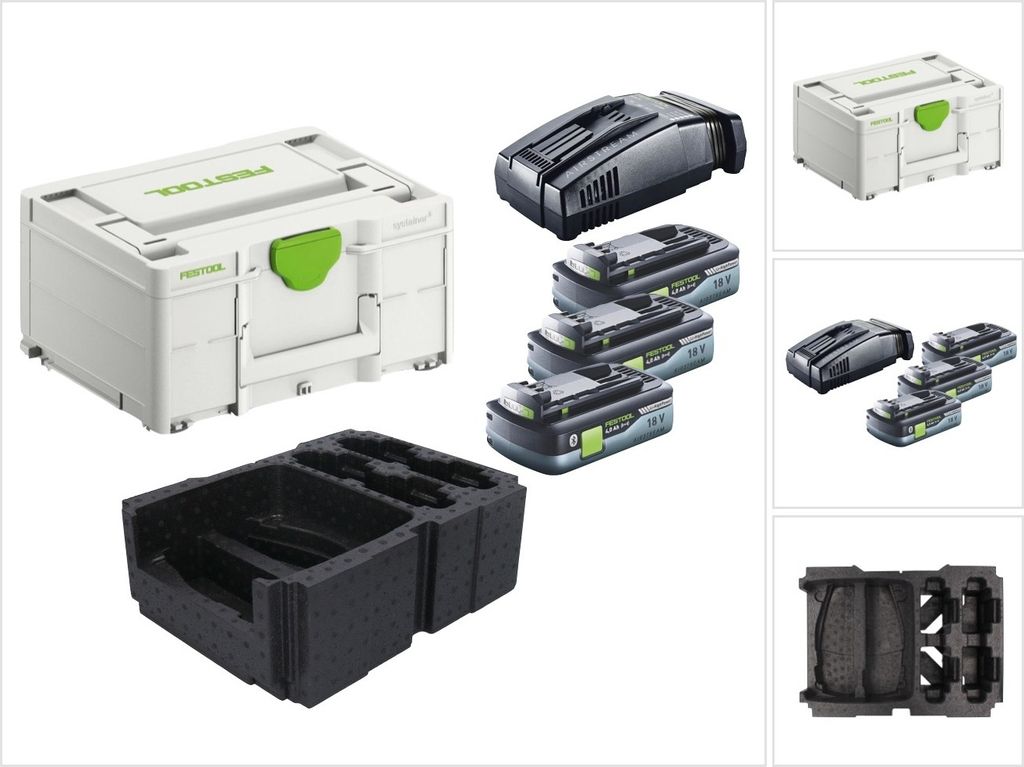 Festool Energie Set 3x BP 18 Li 4,0 Ah HPC-ASI Akkupack 18V 4,0 Ah HighPower ( 3x 205034 ) + SCA 16 Schnellladegerät 10,8 V - 18 V ( 576953 ) + Sy...