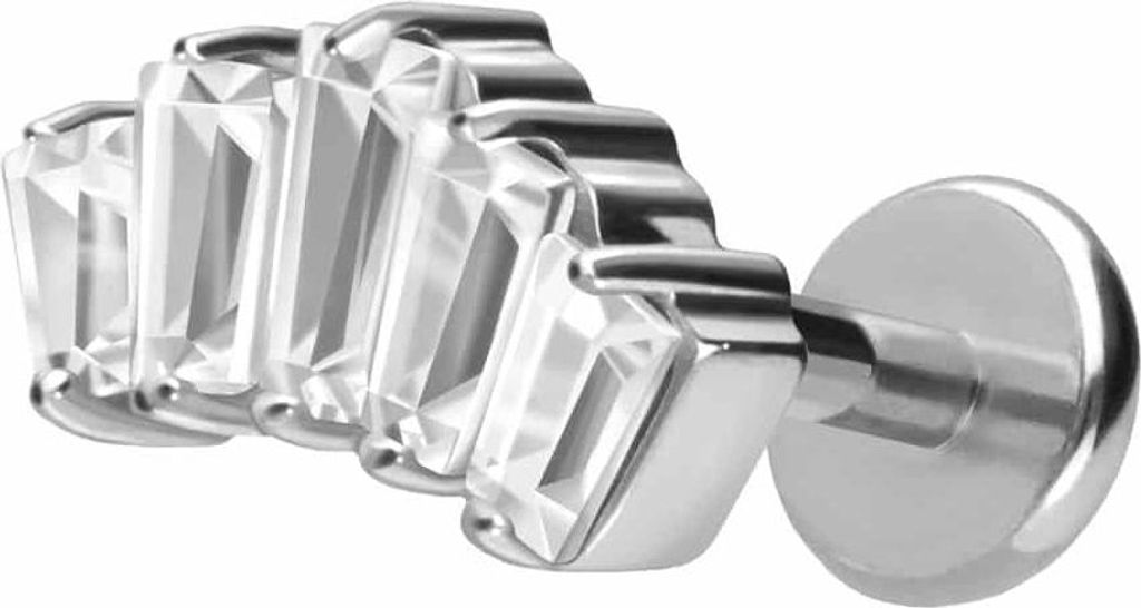 Ohrpiercing, Nasenpiercing Titan Labret mit Push Fit 5 EINGEFASSTE KRISTALLRECHTECKE Silber Stablänge: 8mm | Stabstärke: 1mm