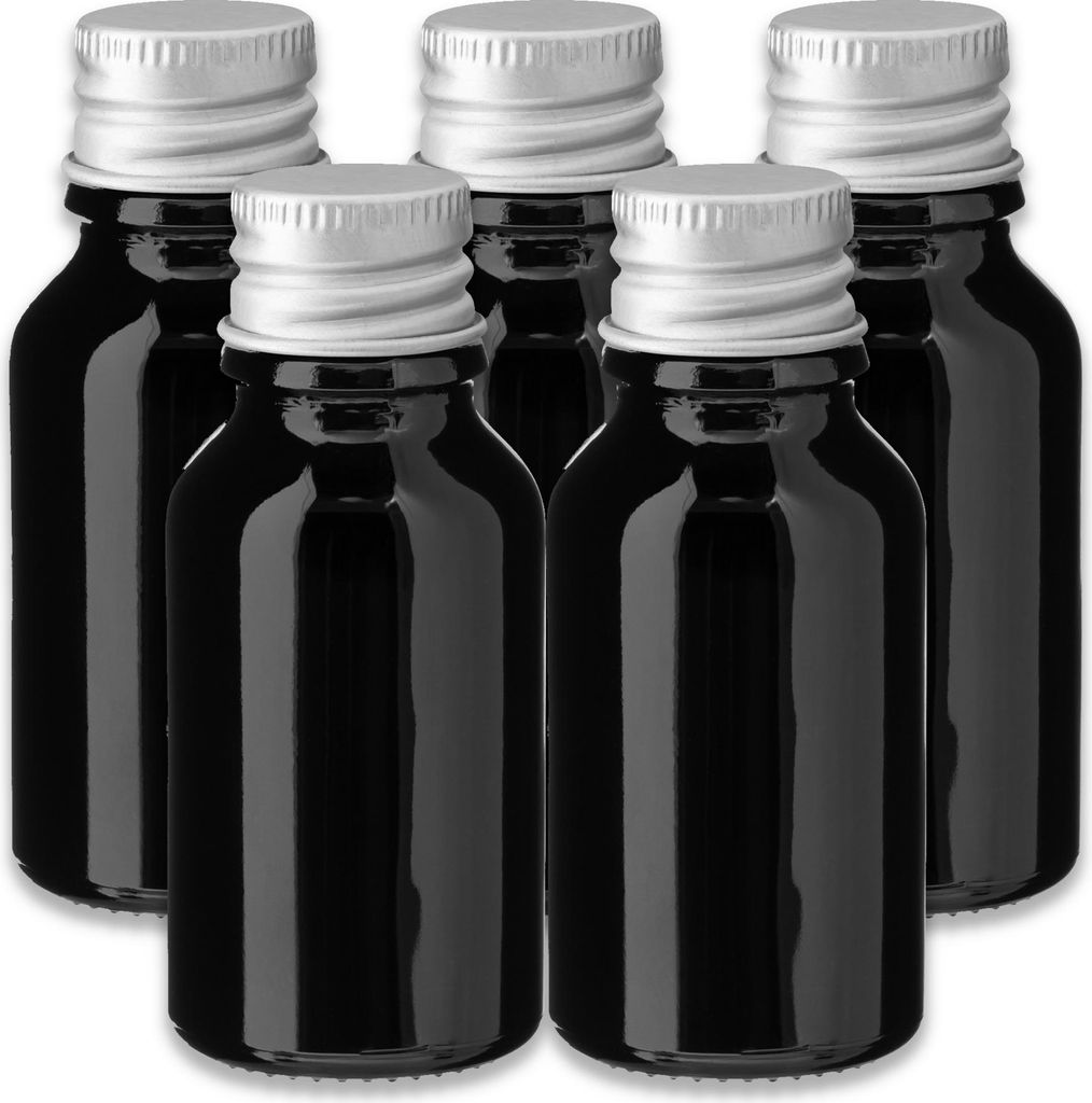 5x Glasflasche schwarz 15ml mit silbernem Aluminiumverschluss Schraubdeckel