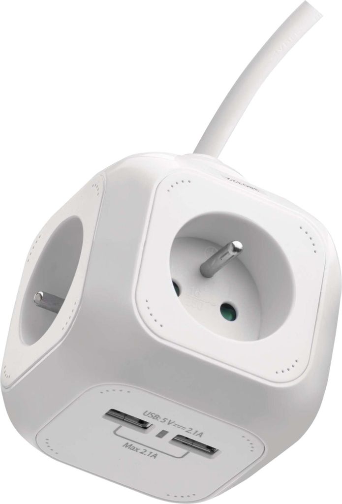 Prodlužovací kabel - kostka 1,9 m / 4 zásuvky / bílý / PVC / s USB / 1 mm2