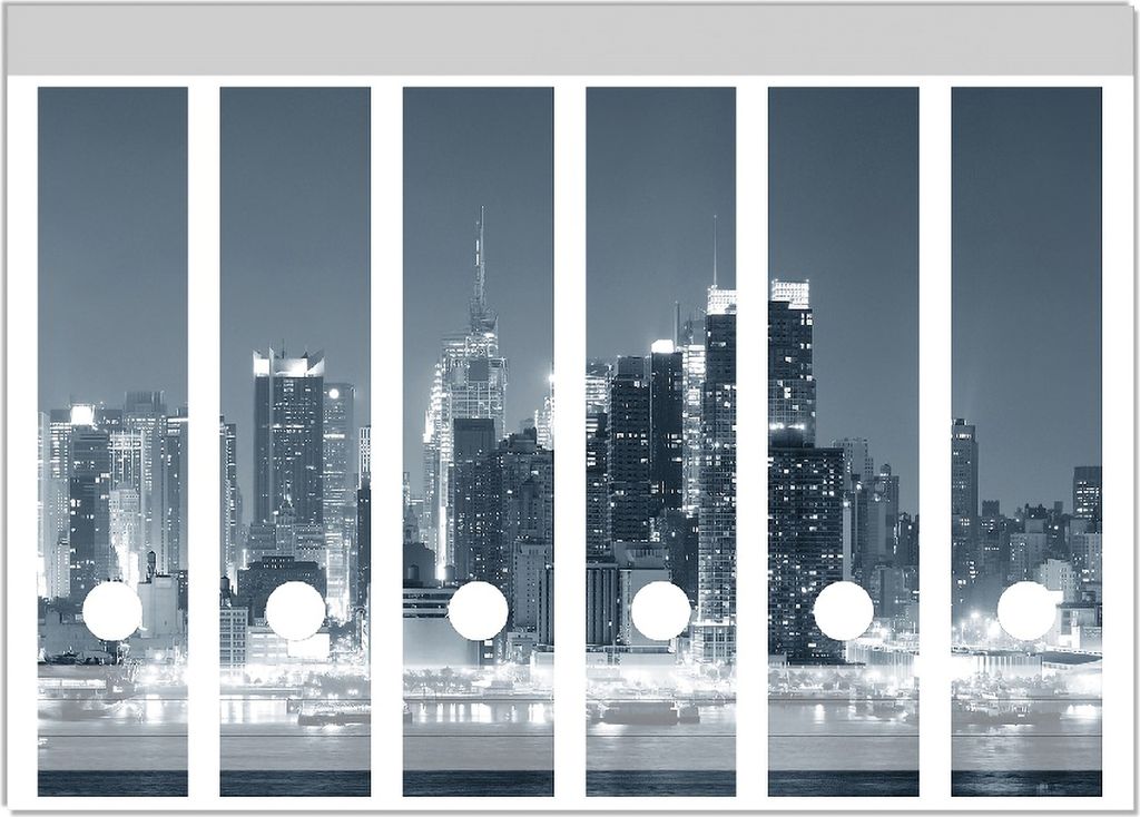Wallario Ordnerrücken Sticker, selbstklebend für breite Ordner, 6 Stück, Motiv New York Skyline - Schwarz Weiß Blau