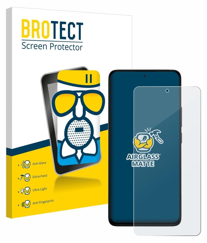 A product shot of a screen protector for a smartphone, with packaging and marketing graphics.