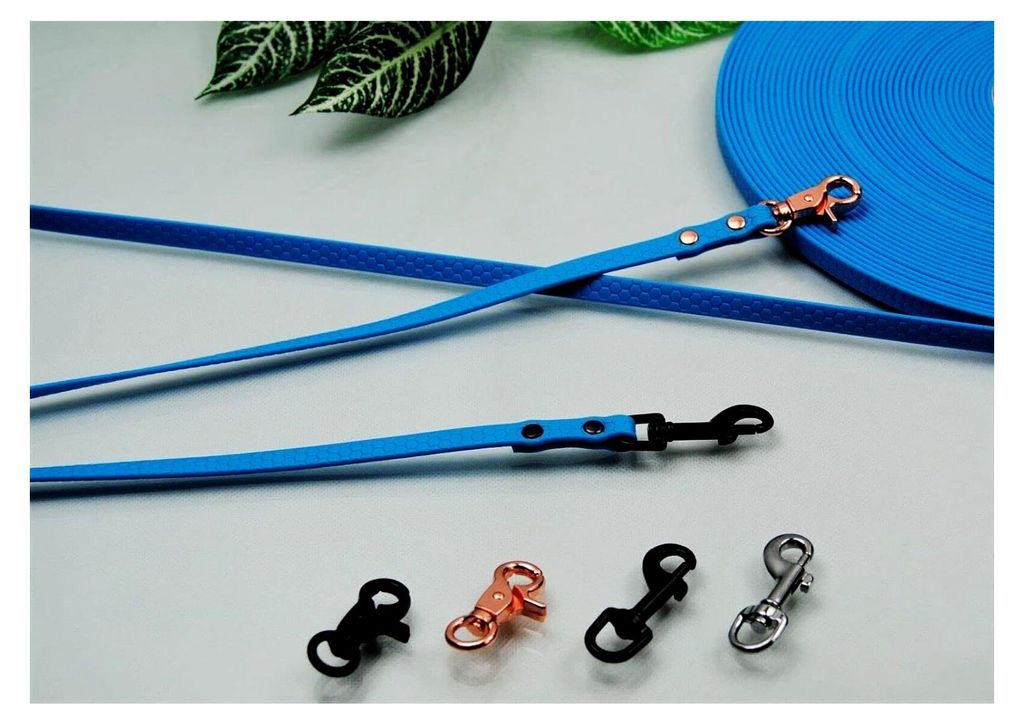 Hundeleine Gummi PVC Blau 10mm x 1m ohne Schlaufe schwarzer Karabiner Kurzleine Trainingsleine Welpenleine