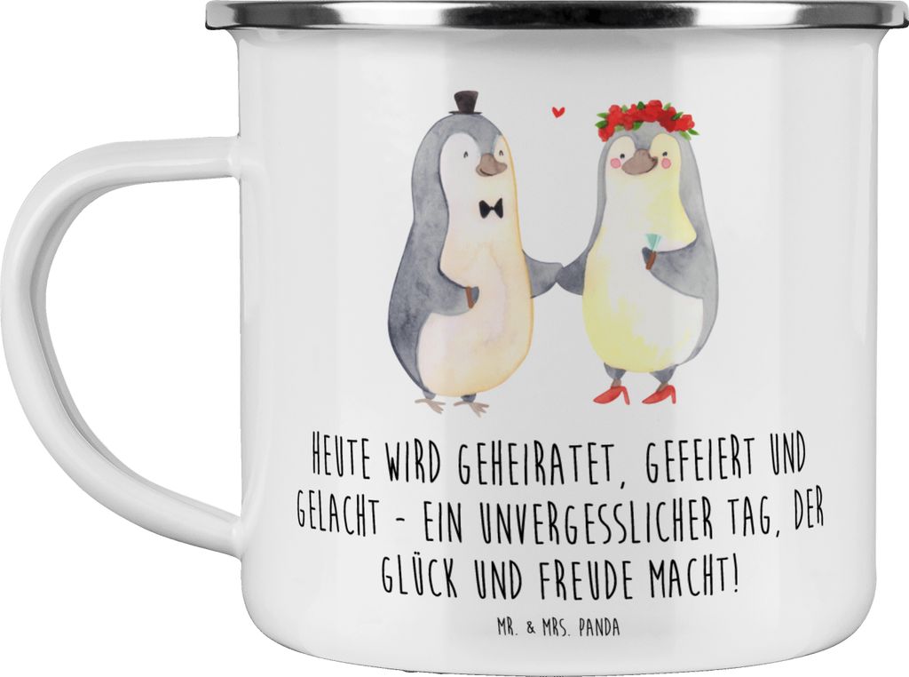 Mr. & Mrs. Panda Teetasse Hochzeitsfeier Freude - Weiß - Geschenk, Pott, gefeiert und gelacht, Teebecher, Emailletasse, Heirat, Emaille Tasse, Gl...