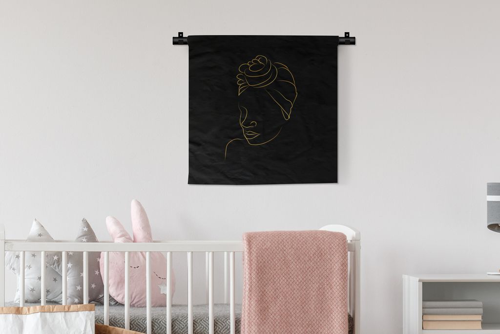 MuchoWow Wandteppich Wandbehang Frau - Kopftuch - Gold - Strichzeichnung 60x60 cm Tapisserie Dekoration Wandtuch - Dekorationen - Wand Decke