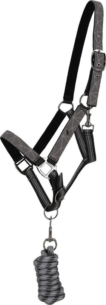 QHP Halfter-Set Turnout Collection grigio riflettente Halfter mit Strick , Größe:Pony