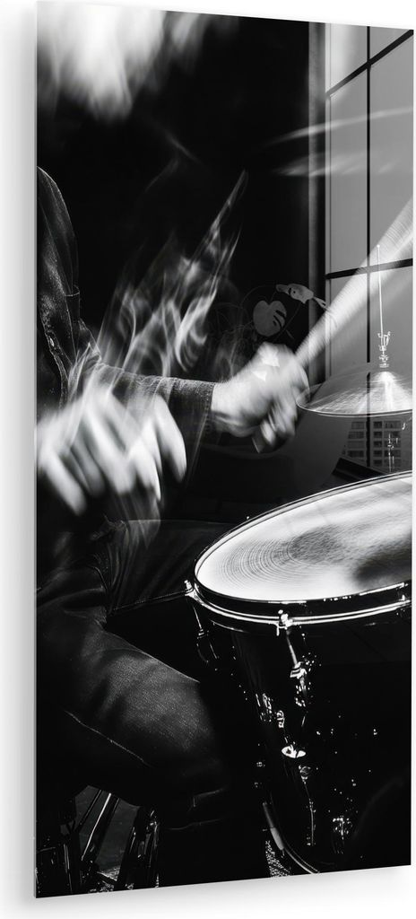 MuchoWow Glasbilder - Bilder auf Wandbild - Foto auf Glas Schlagzeuger - Schwarz - Schlagzeug 60x120 cm Wanddekoration aus Glas - Acrylglasbild - A...