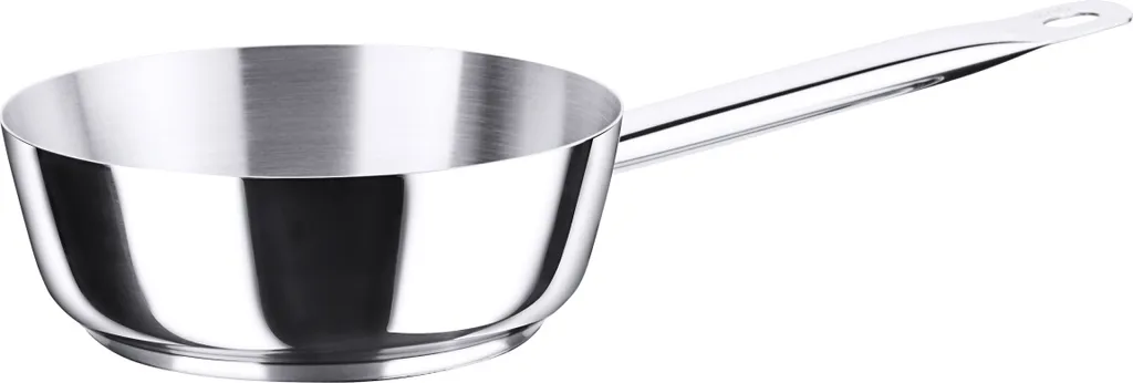 Padella per sauté in acciaio inossidabile 18/10, lucida, con manico tubolare, senza bordo versatore, base a sandwich da 8 mm, adatta all'induzione, qualità extra pesante.
