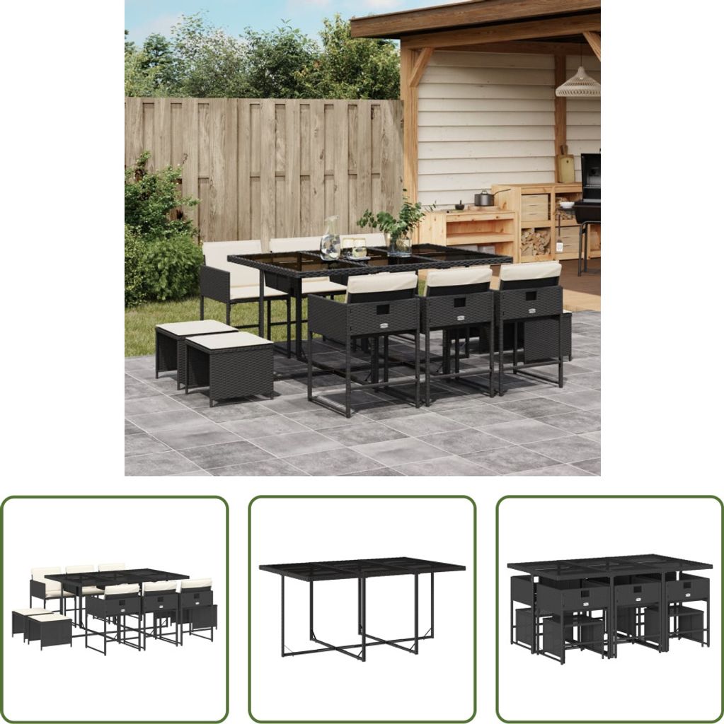 The Living Store 11-tlg. Garten-Essgruppe mit Kissen Schwarz Poly Rattan