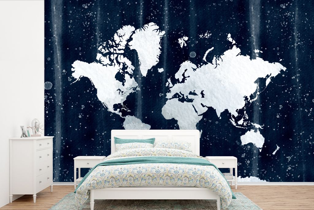 MuchoWow Fototapete für Wohnzimmer oder Schlafzimmer Wandtapete Vinyl Motivtapete Weltkarte - Weiß - Blau - 390x260 cm - Papiertapete