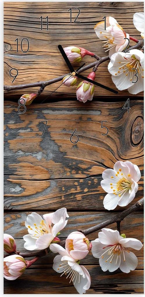 Wanduhr aus Glas mit Motiv Kirschblüten Holz- 30 x 60 cm - inkl. Aufhängesystem