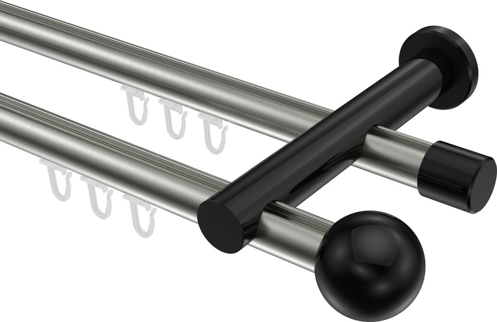 Interdeco Innenlaufstange / Gardinenstange mit Innenlauf Edelstahl-Optik / Schwarz, Typ Platon Luino (Kugel), 20 mm Ø 2-läufig, 520 cm