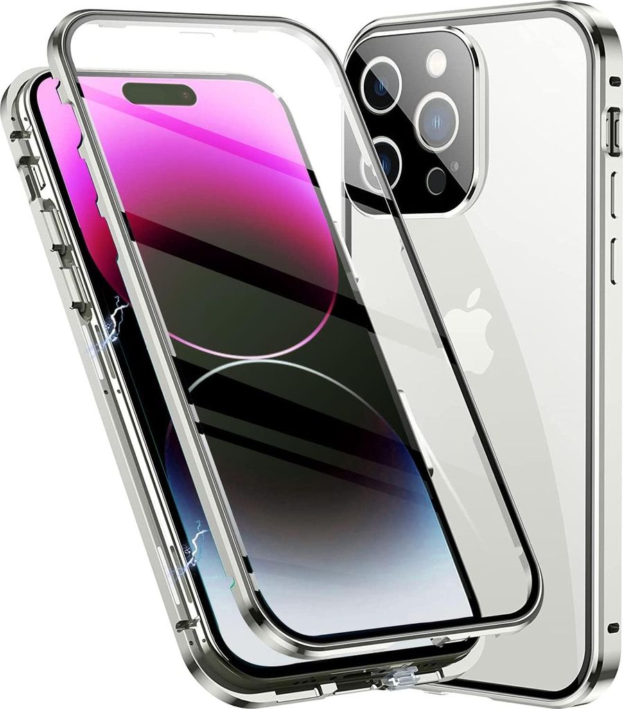 Hülle für iPhone 14 Pro - magnetische Adsorption Telefonhülle - 360 Grad Stoßschutz - Vorderseite aus gehärtetem Glas - Schutzhülle mit Metal...