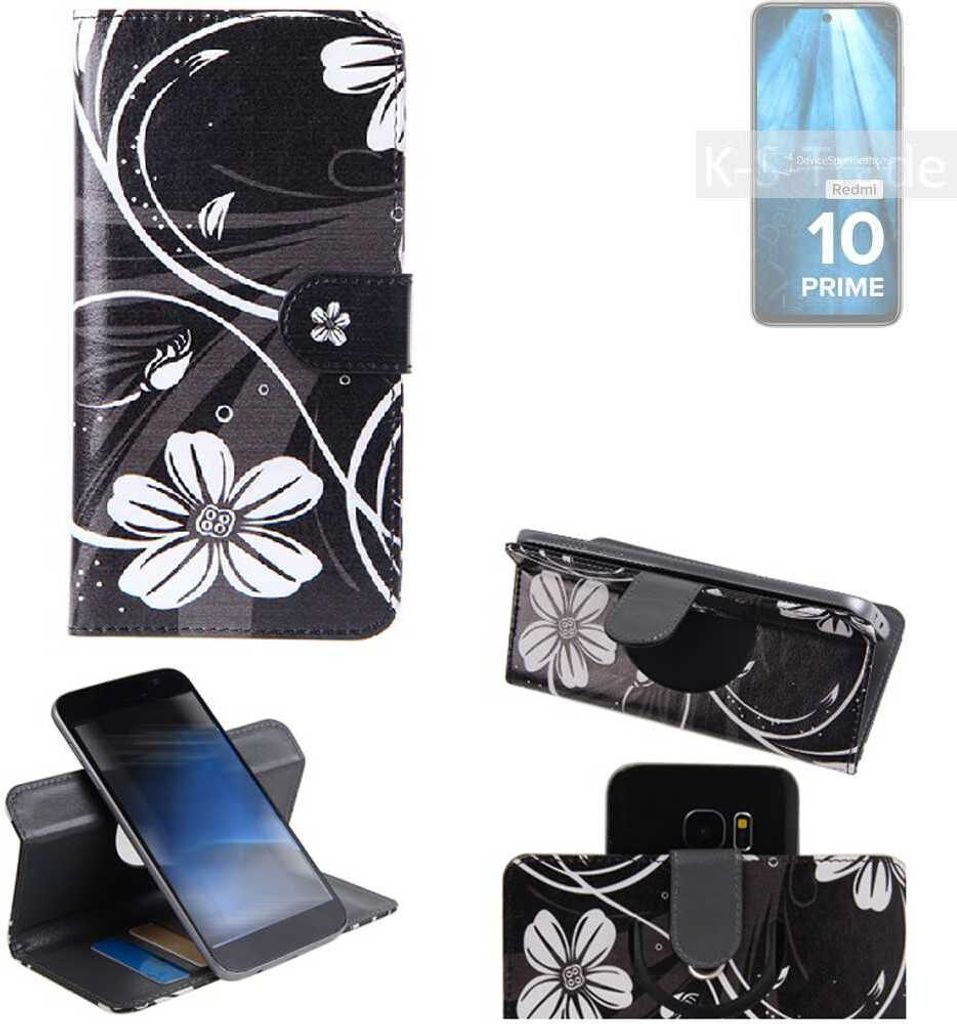 K-S-Trade Schutzhülle Handyhülle kompatibel mit Xiaomi Redmi 10 Prime Hülle 360° Wallet Case ''Flowers'' Klapphülle Hülle schwarz-weiß 1x