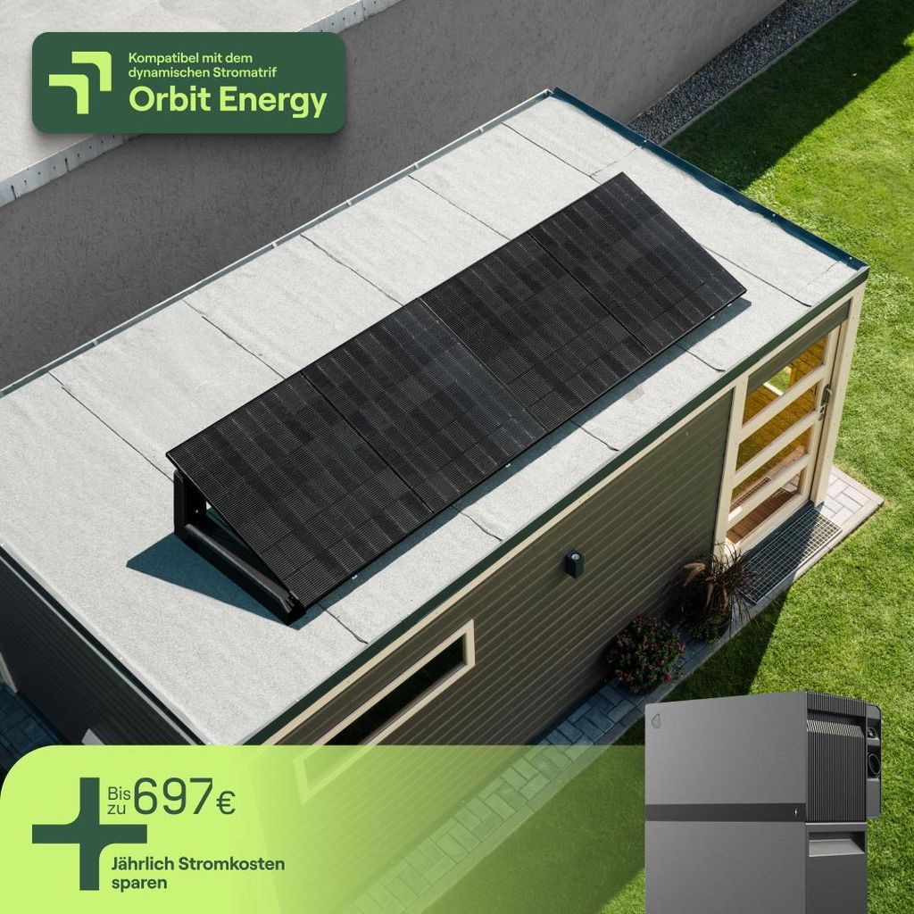 Balkonkraftwerk für Flachdach mit 2 Modulen & Speicher Avocado Orbit M (4,22 kWh) - 5m Anschlusskabel - priFlat Duo Concret