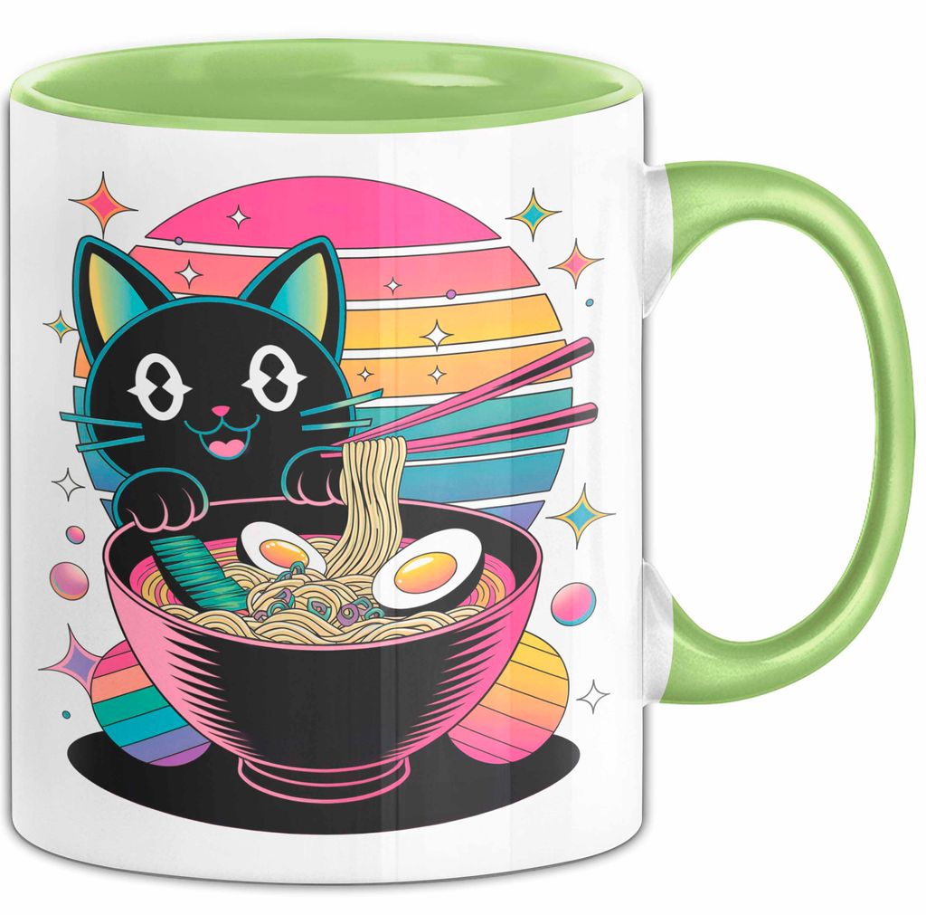 Katzen Tierliebhaber Tasse Geschenk Lustige Geschenkidee Spruch Katze Isst Ramen Nudeln (Grün)