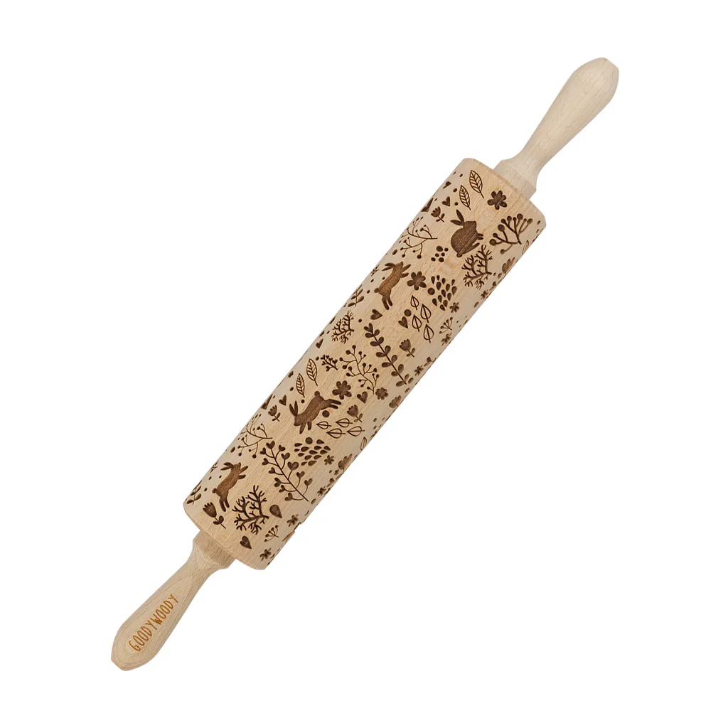 Saliera Goody Woody con incisione 46 cm in legno di faggio con motivo a coniglietto