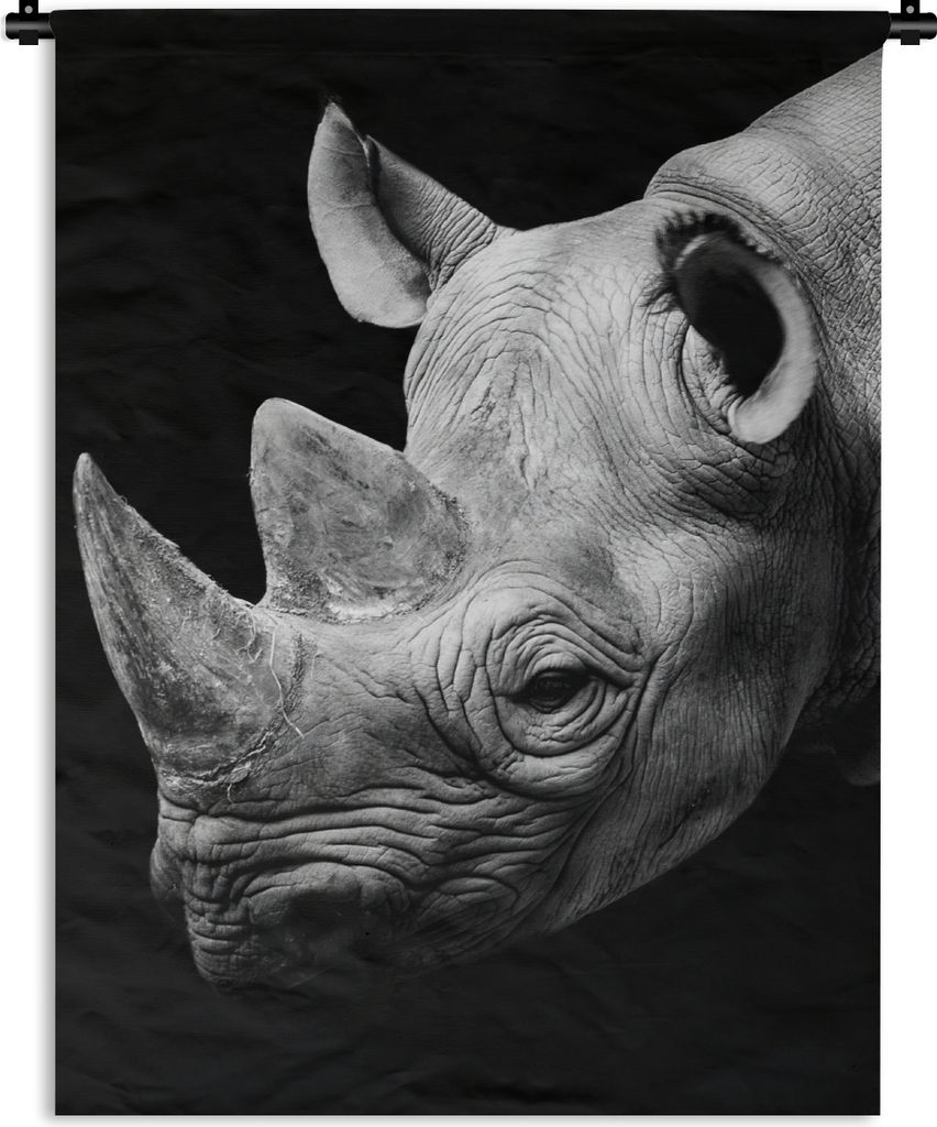 MuchoWow Wandteppich Wandbehang Tiere - Nashorn - Schwarz - Weiß - Porträt 150x200 cm Tapisserie Dekoration Wandtuch - Wandaufhängung - Moderner