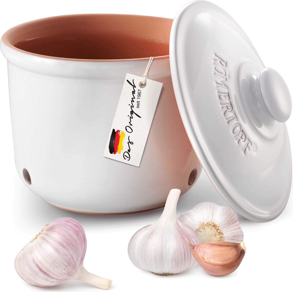 Römertopf Frische-Topf MINI 0,6 Liter - Knoblauchtopf Keramik - Atmungsaktiver Ton hält Gemüse länger Frisch - Ideale Luftzirkulation - Weiß