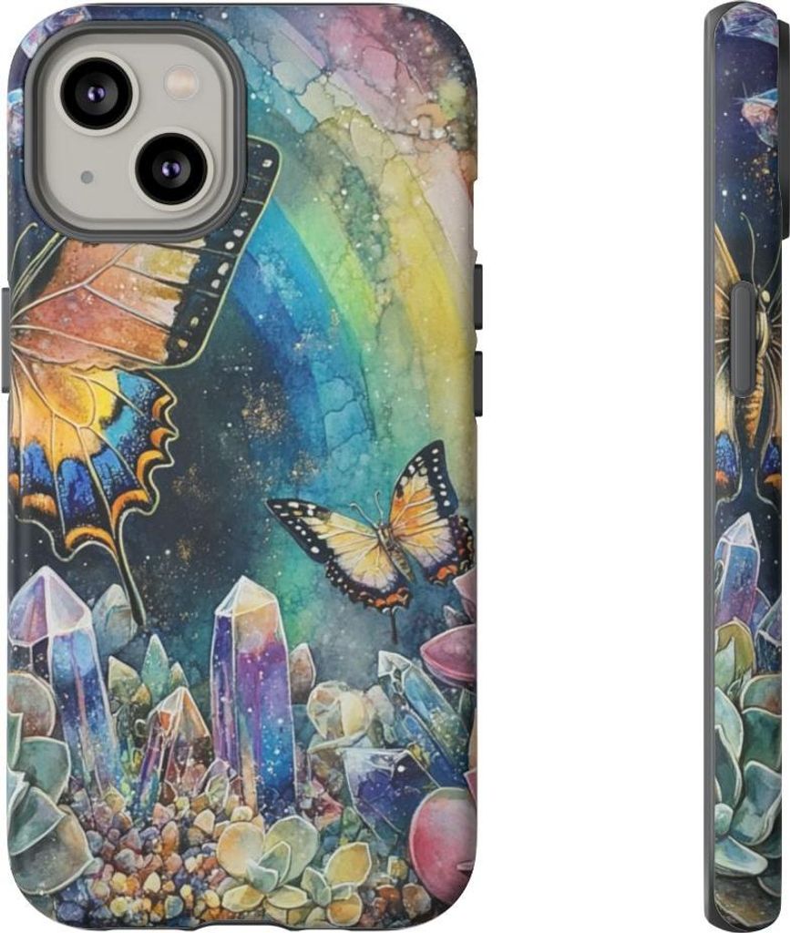 Schmetterlinge, Kristalle und Sukkulenten im Regenbogen-Design – Hülle Kompatibel mit iPhone 14