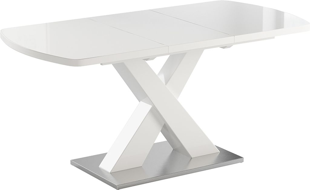A white dining table with a modern X-shaped base and a silver metal plate at the bottom, shown against a white background.