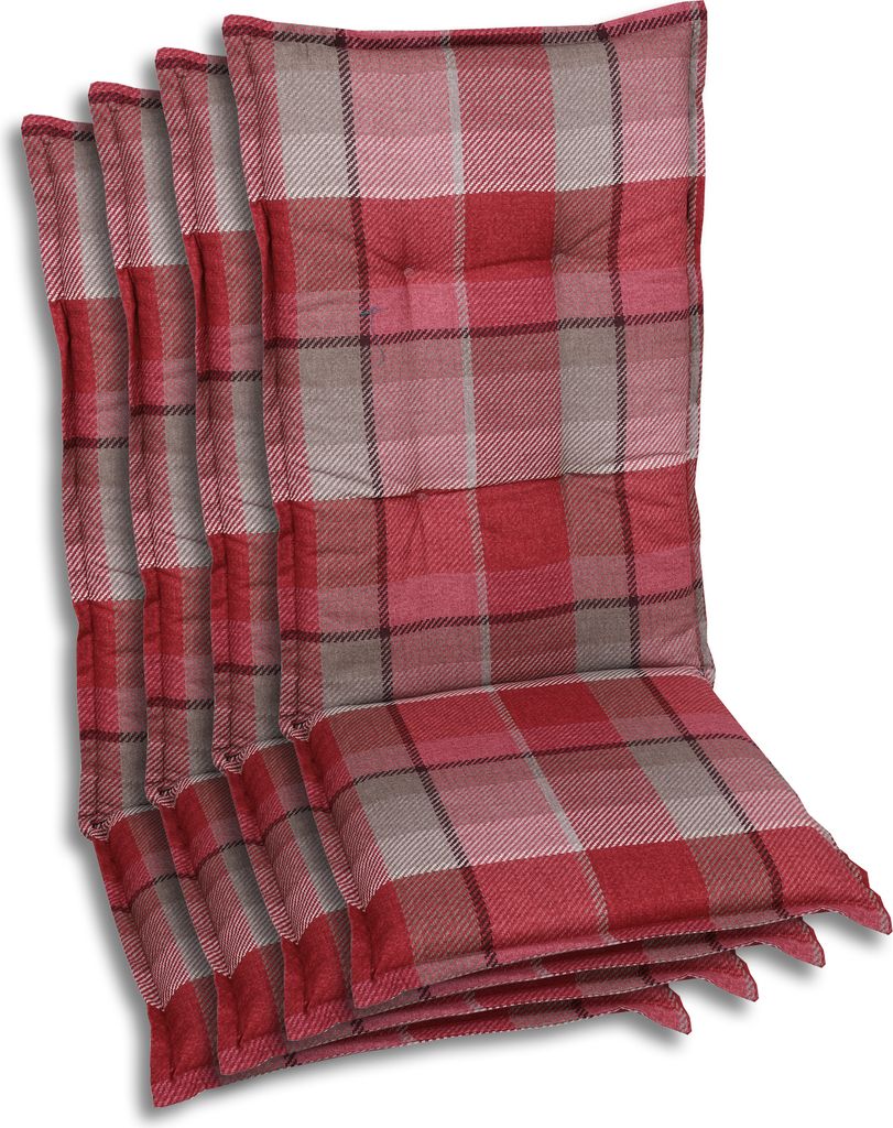 A stack of chair cushions with a red and gray plaid pattern.