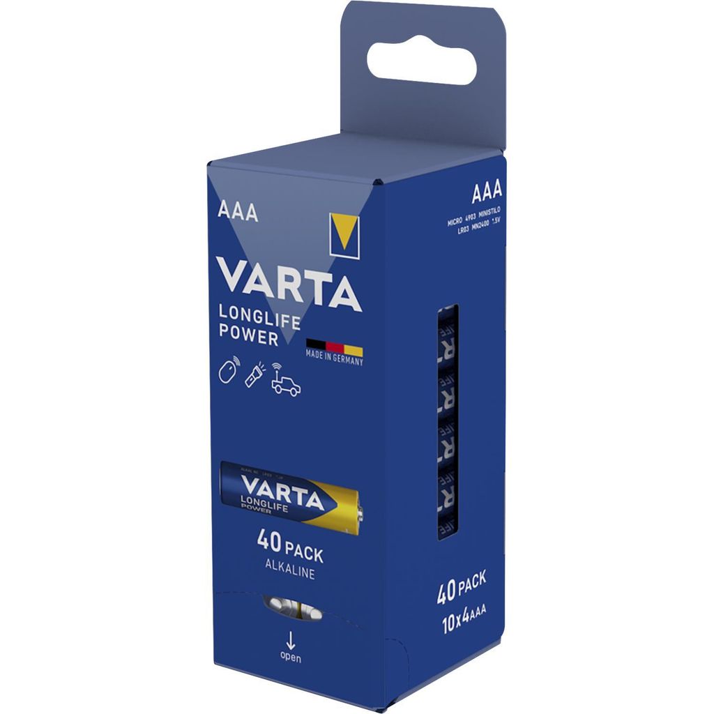 A box of Varta AAA alkaline batteries.