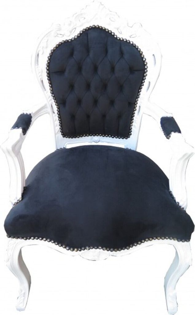 Casa Padrino Barock Esszimmer Stuhl Schwarz / Weiß mit Armlehnen - Möbel Antik Stil