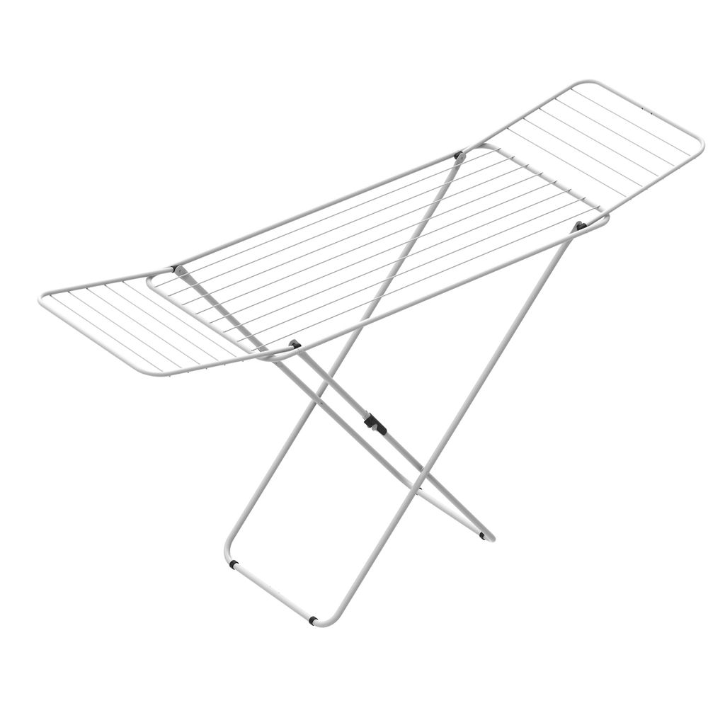 A white metal drying rack for laundry, shown against a white background.