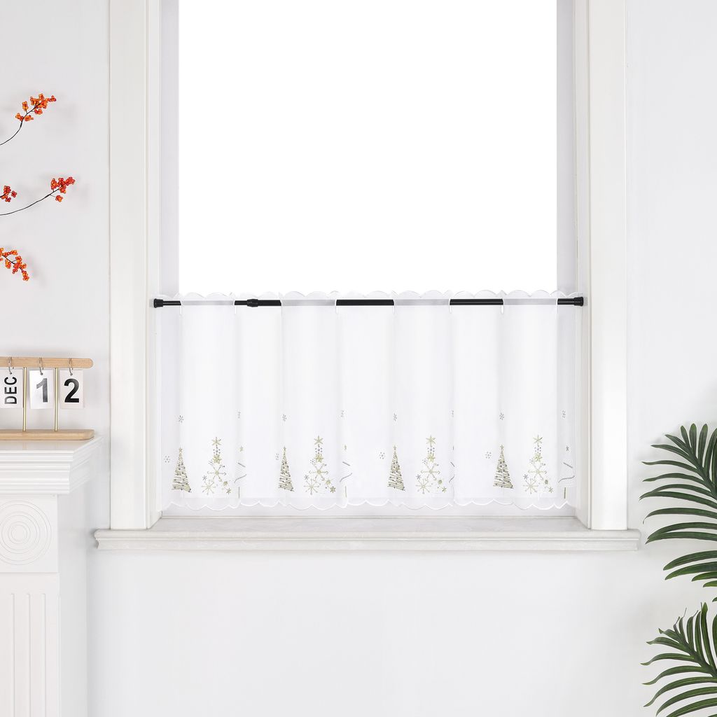 Joyswahl Scheibengardine Weihnachten Deko Küche Gardinen mit goldener Christbaumstickerei Kurztores Landhausstil transparent Weiß BxH 120x45 cm