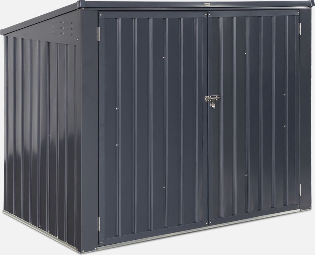 A dark gray metal trash can enclosure with double doors and a sloped roof, shown from a front-facing angle against a white background.